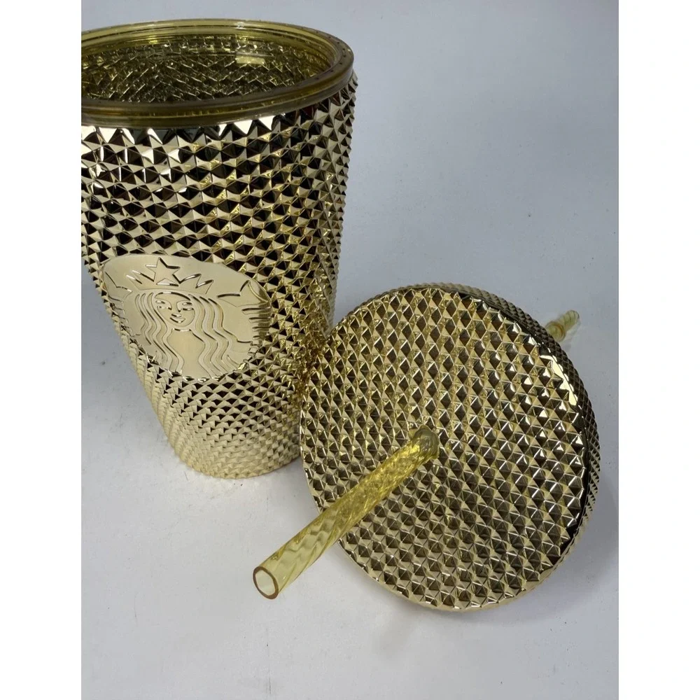 Starbucks Christmas Holiday 2022 Gold Bling Studded Cold Cup Tumbler 16 oz